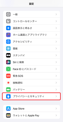 設定→プライバシーとセキュリティをタップ